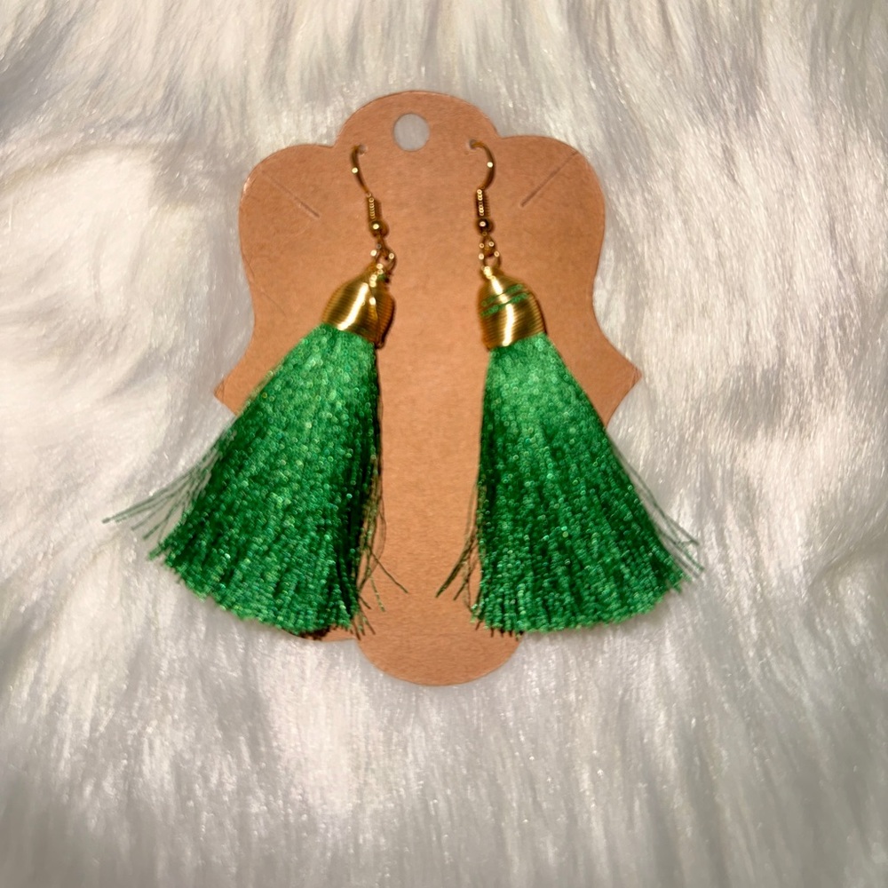 Handmade Tassel Statement Earrings 3” Boho Fringe Gold Hook – Green Tassel
